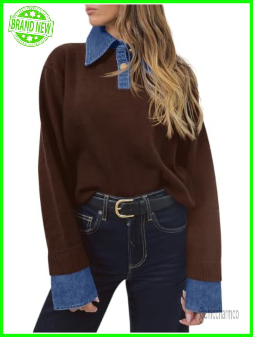 Denim Patchwork Sweater V Neck Polo Pullover Button Up Knit Top